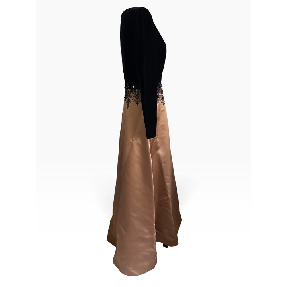 Oscar de la Renta Vintage 90s Formal Dress Champagne Gold Black Lace Long Sleeve - Picture 5 of 16